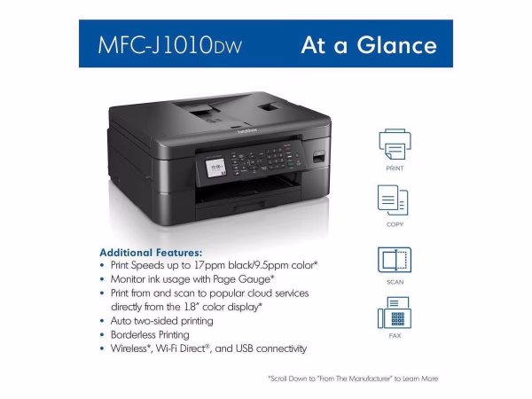 MFC-J1010DW Inkjet All-In-One Printer with Wireless and Duplex Printing