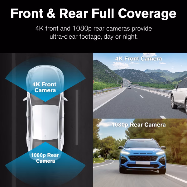 Roadcam AI PLUS, Ai-Powered 4K Dash Cam with 1080P Rear Cam, Full-Coverage Driver Assistance