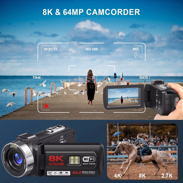 8K Video Camera for Youtube 64MP 18X Digital Zoom 3.0 Inch Flip Screen Camcorder Vlogging Camera with 32GB SD Card