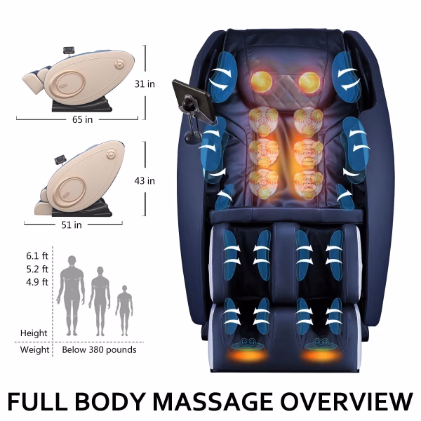 Massage Chair Zero Gravity Full Body with Heating and Bluetooth - Blue