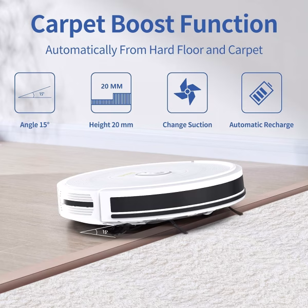 Robot Vacuum Cleaner S1 - Quite Robotic Vacuum Cleaner No-Go Areas 2000Pa Slim Design Robot Vacuums Carpets Boost Intellect Self-Charging Vacuum Cleaner for Pet Hair- White