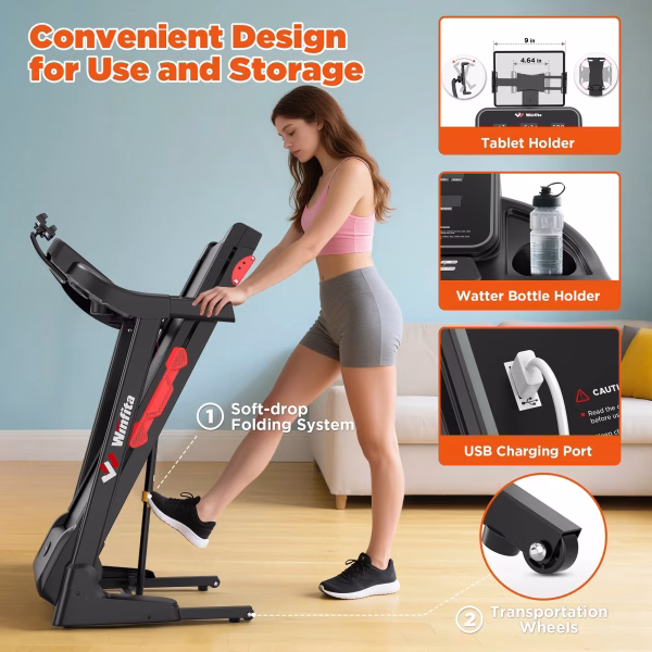 Foldable Treadmill with 6% Manual Incline for Home, 8 MPH Speed, 300 LB Capacity, 42"X17" Belt, App & Bluetooth Speakers, Tablet Holder, Pause Function, 64 Preset Programs, Black