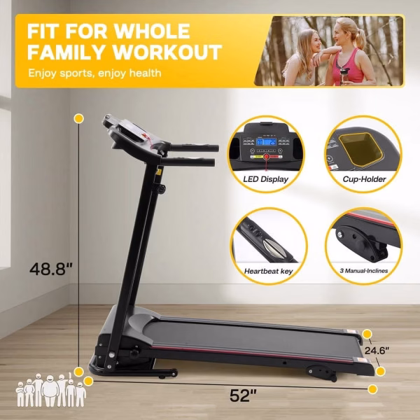 Swertoy 2.5HP Folding Treadmill Portable Running Walking Compact Exercise Machine with 12 Preset Program, LED Display, Easy Assembly for Home