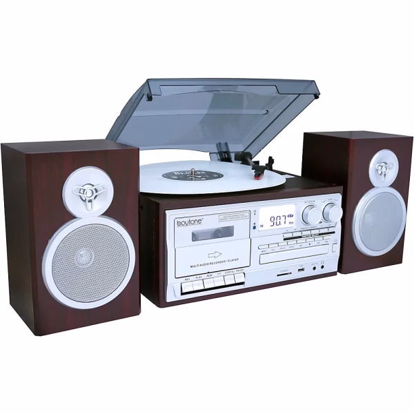 BT-28SPS Bluetooth Classic Style Record Player Turntable with AM/FM Radio, Cassette Player, CD Player, 2 Separate Stereo Speakers, Record Vinyl, Radio, Cassette to MP3 SD Slot, USB, AUX Silver
