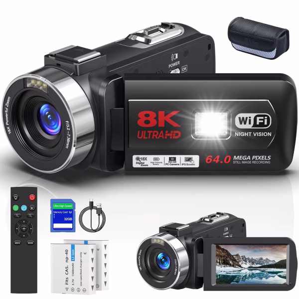 8K Video Camera for Youtube 64MP 18X Digital Zoom 3.0 Inch Flip Screen Camcorder Vlogging Camera with 32GB SD Card