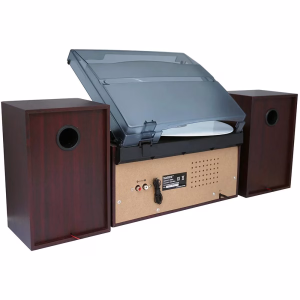 BT-28SPS Bluetooth Classic Style Record Player Turntable with AM/FM Radio, Cassette Player, CD Player, 2 Separate Stereo Speakers, Record Vinyl, Radio, Cassette to MP3 SD Slot, USB, AUX Silver