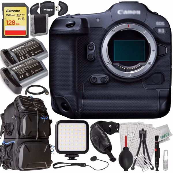 Advanced Canon R3 Mirrorless Camera Bundle (Body Only) - Includes: 128GB Extreme SDXC, 2X Replacement Batteries, Deluxe Water-Resistant Camera Backpack & Much More