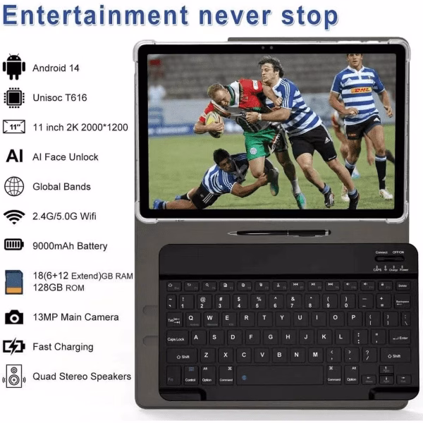 2025 Latest 11 Inch Android 14 Tablet 18GB + 128GB, 2K , ‎Unisoc T616, with Case, Pen, Keyboard