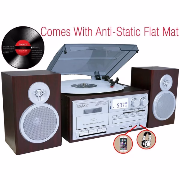 BT-28SPS Bluetooth Classic Style Record Player Turntable with AM/FM Radio, Cassette Player, CD Player, 2 Separate Stereo Speakers, Record Vinyl, Radio, Cassette to MP3 SD Slot, USB, AUX Silver