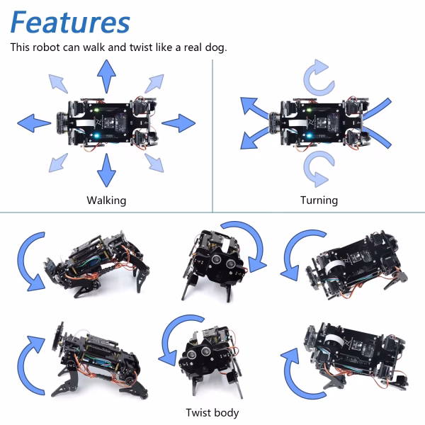 Robot Dog Kit for ESP32-WROVER CAM, Dual-Core 32-Bit 240Mhz, Touch Sensor, Ultrasonic Ranging, Buzzer RGB LED Servo App