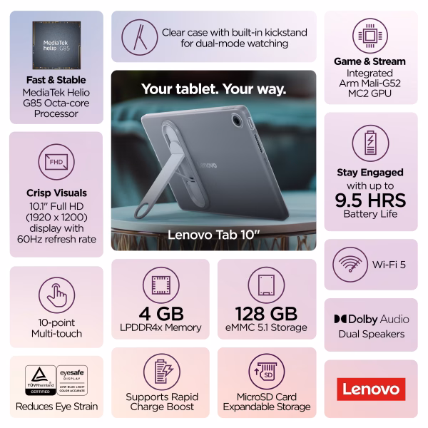 Tab 10.1 FHD (1920 X 1200) 60Hz Mediatek Helio G85 4G 128G Wifi 5 Android 14 ZAEH0148US (Includes Clear Case with Built-In Kickstand)