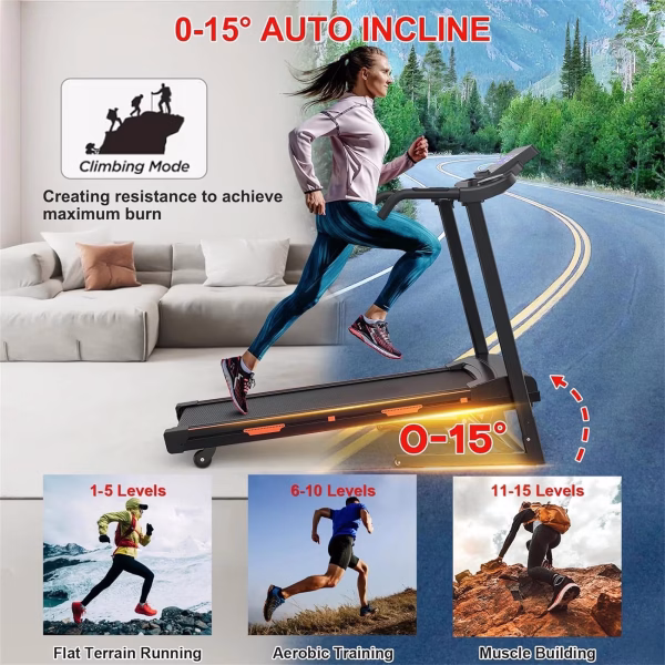 Hlaill Folding Treadmills with Auto Incline 330Lb Capacity Running Machine with Bluetooth Speaker, Device Holder, Easy Assembly&Space-Saving for Walking, Jogging, Running