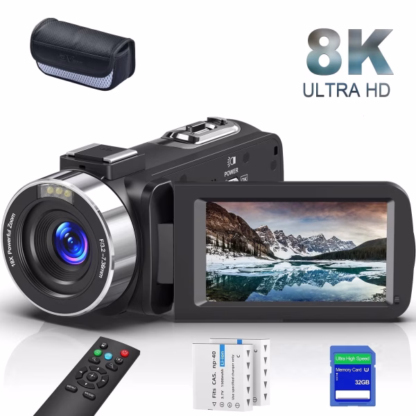 8K Video Camera for Youtube 64MP 18X Digital Zoom 3.0 Inch Flip Screen Camcorder Vlogging Camera with 32GB SD Card