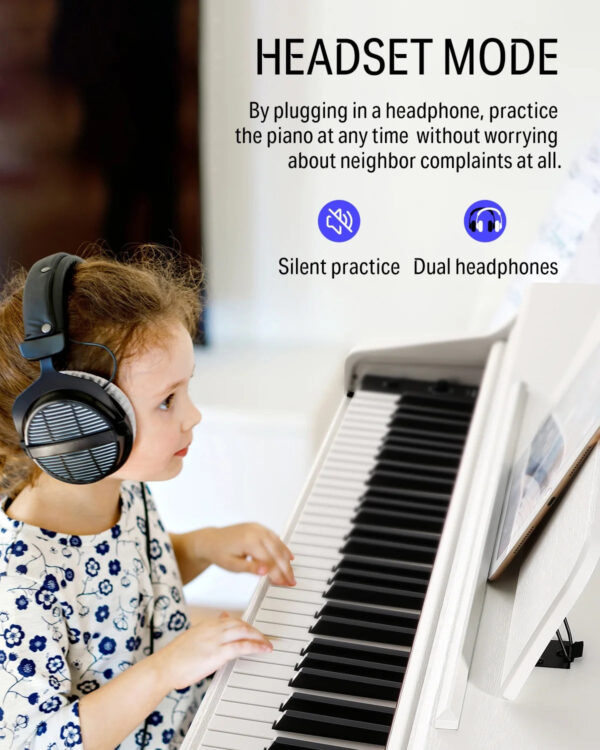 DDP-100 88-Key Weighted Action Digital Piano for Beginner Bundle with Piano Keyboard Stand, Power Adapter, Triple Pedals, MP3 Function, USB-MIDI, 2 Headphone Jacks, White, Melodics Lessons