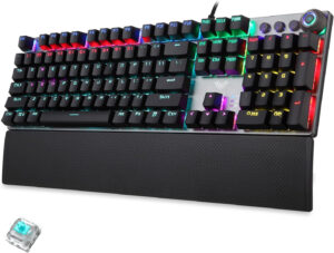 Mechanical Gaming Keyboard Blue Switches,Rainbow LED Backlit,Ergonomic Wrist Rest,Aluminum Base,Full Size 108 Keys Anti-Ghosting,Macro Programmable Computer Keyboard Wired for PC Laptop
