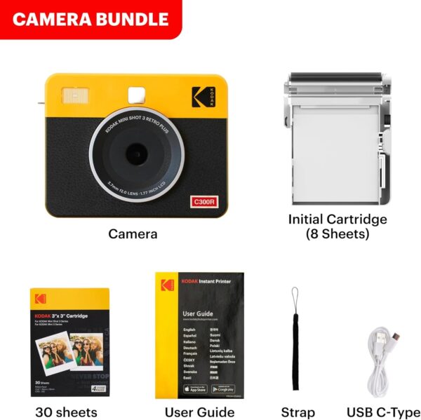 Mini Shot 3 Retro 4PASS 2-In-1 Instant Digital Camera and Photo Printer (3X3 Inches) Initial 8 Sheets + 30 Sheets Cartridge Bundle, Yellow (NOT Zink)