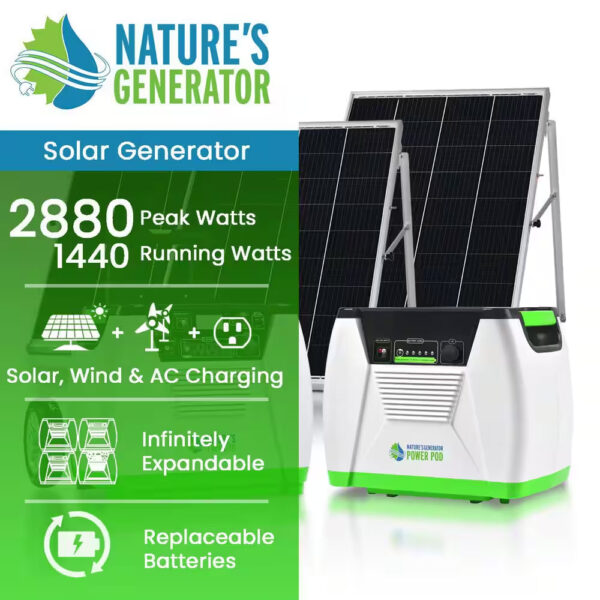 1800-Watt/2880W Peak Push Button Start Solar Powered Portable Generator with Power Pod and Three 100W Solar Panels