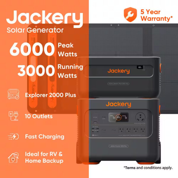 3000W/6000W Push Button Start Solar Generator Explorer 2000 plus W/ 1 Battery Pack and Two 200W Solar Panels, Outdoors