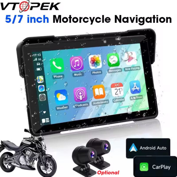 Vtopek 5"/7" Inch Motorcycle DVR GPS Navigation Multimedia Player Wireless Carplay Android Auto IPX7 Waterproof Screen Recorder