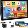Android Car Stereo Double Din, 10.1 Inch Touchscreen Wireless Carplay Android Auto Indash Radio with GPS Bluetooth FM Wifi Mirror Link SWC + Backup Camera/Microphone