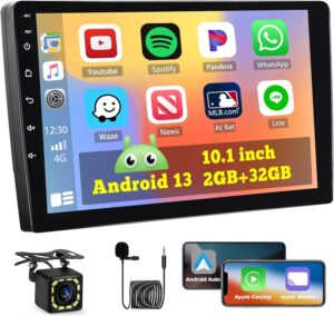 Android Car Stereo Double Din, 10.1 Inch Touchscreen Wireless Carplay Android Auto Indash Radio with GPS Bluetooth FM Wifi Mirror Link SWC + Backup Camera/Microphone