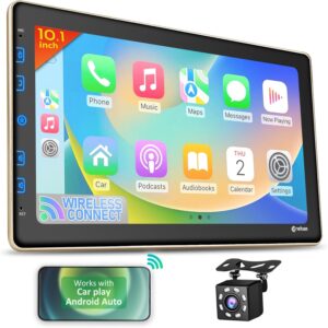 Double Din Car Stereo - 10"" Touchscreen Car Stereo with Bluetooth, Backup Camera, Car Audio, Car Radio - Compatible with Wireless Carplay & Android Auto, Mirror Link, Gold
