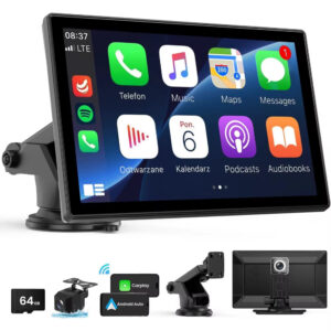 Wireless Carplay Screen - 9'' Portable Car Stereo with 4K Dash Cam, 1080P Backup Camera, Satellite Radio, Apple Carplay & Androi