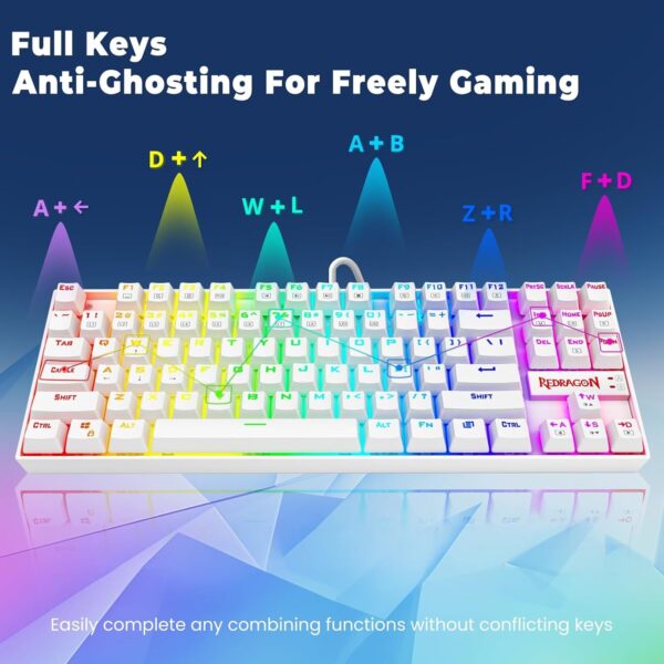 K552P Mechanical Gaming Keyboard TKL with 18 Backlight Modes, Hot-Swappable Red Switches, 87-Key Compact Ergonomic Design, N-Key Rollover & Software Programmable Macro - RGB, White