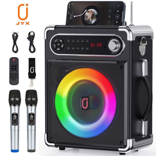 Karaoke Machine, Home Karaoke System with 2 Microphone, Portable Bluetooth Speaker for Party, FM Radio