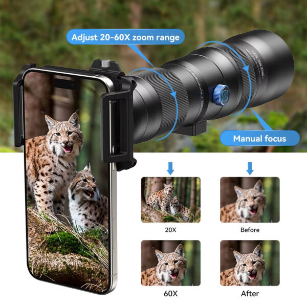 APEXEL T60 20-60X Telephoto HD Telescope Cell Phone Monocular Telescope Phone Lens Monoculars Zoom Kit with Triangle Bracket