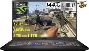 GF75 Thin 17 Gaming Laptop 17.3” FHD IPS 144Hz 10Th Gen Intel Hexa Core I7-10750H 16GB RAM 1TB SSD + 1TB HDD Geforce RTX 3060 6GB Type-C Backlit Nahimic Win10 Black + HDMI Cable