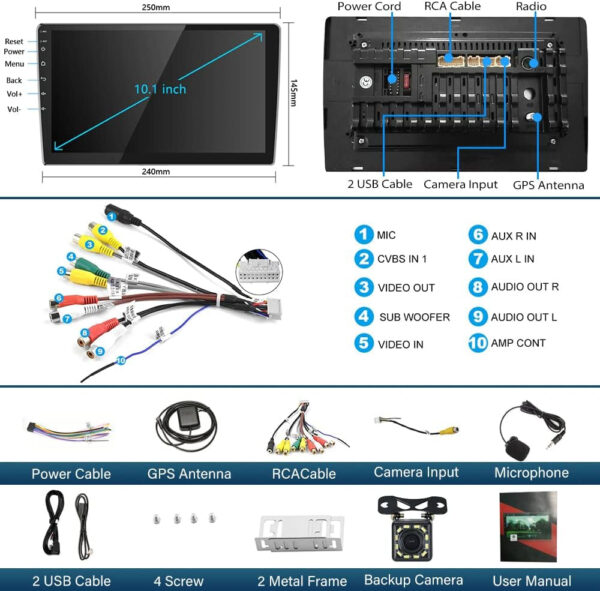 Android Car Stereo Double Din, 10.1 Inch Touchscreen Wireless Carplay Android Auto Indash Radio with GPS Bluetooth FM Wifi Mirror Link SWC + Backup Camera/Microphone