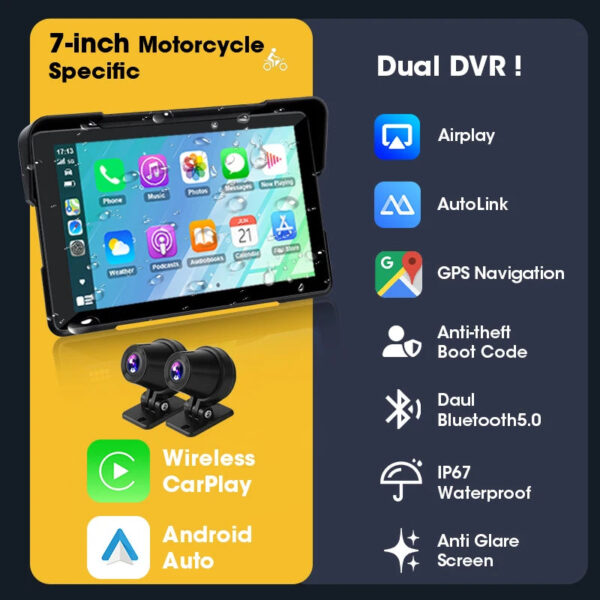 Vtopek 5"/7" Inch Motorcycle DVR GPS Navigation Multimedia Player Wireless Carplay Android Auto IPX7 Waterproof Screen Recorder