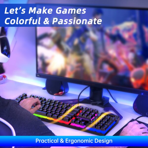 Gaming Keyboard & Mouse, 104 Keys LED RGB Backlit Quiet Computer Keyboard, Multimedia Keys, 26 Anti-Ghosting Keys, Waterproof Light up USB Wired Keyboard for PC Gamers Desktop Computer Laptop,Black