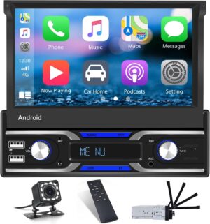 Single Din Android Touchscreen Car Stereo with Wireless Apple Carplay Android Auto Car Radio Best 1 Din Head Unit Support GPS Navigation Bluetooth FM Wifi Backup Camera